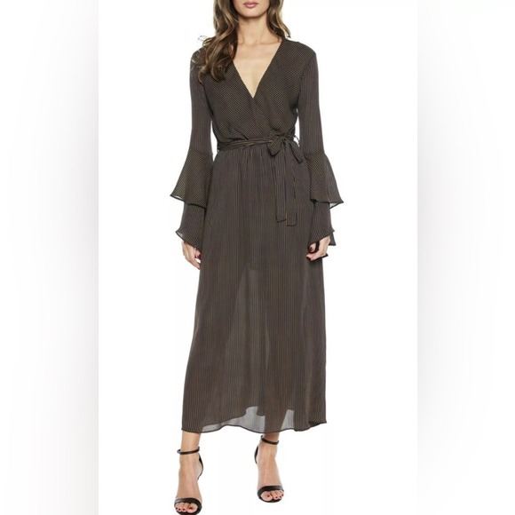 Bardot Loretta Striped Maxi Dress‎ Long Sleeve Bell Sleeve Faux Wrap Dress 10 - Picture 1 of 9